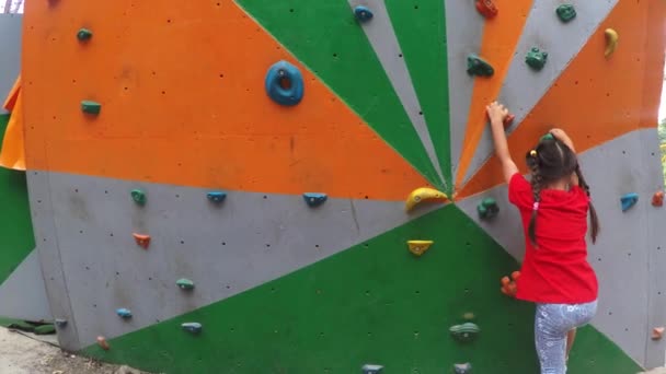 Sportliches Mädchen Klettert Auf Künstlichem Boulder Praktischer Wand Park — Stockvideo