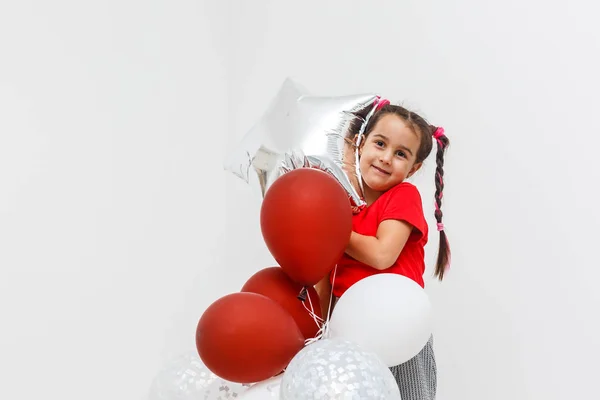 Menina Alegre Com Bando Balões Coloridos — Fotografia de Stock