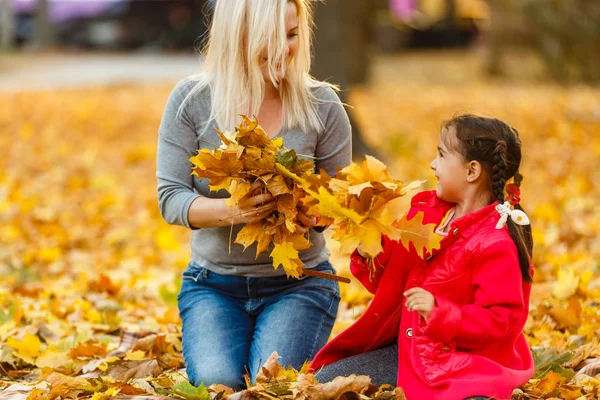 Madre Figlia Divertono Nel Parco Giallo Autunno — Foto Stock