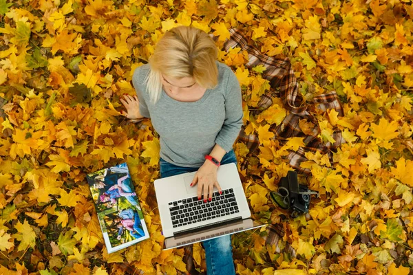 Mulher Usando Laptop Álbum Família Enquanto Sentado Outono Folhas Laranja — Fotografia de Stock