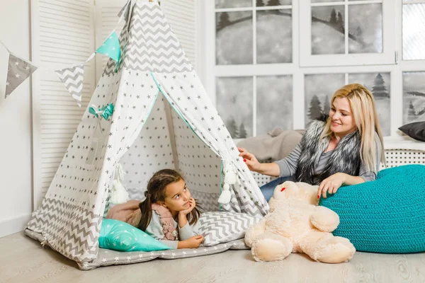 Young Blonde Mother Spending Time Daughter Stylish Bedroom — Stock Photo, Image