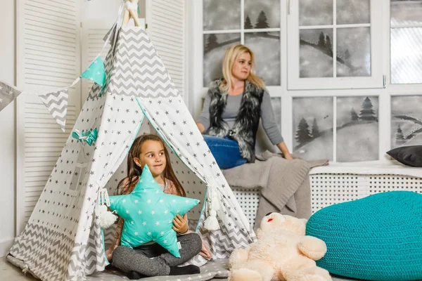 Young Blonde Mother Spending Time Daughter Stylish Bedroom — Stock Photo, Image