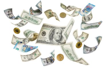 Beyaz arkaplanda izole edilmiş dolar paketleri