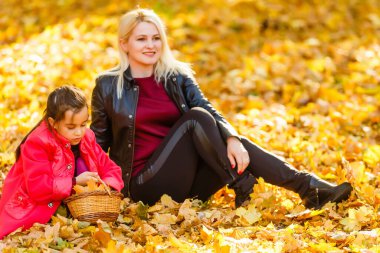 Genç anne ve kızı bir sonbahar parkında yaprak topluyor.
