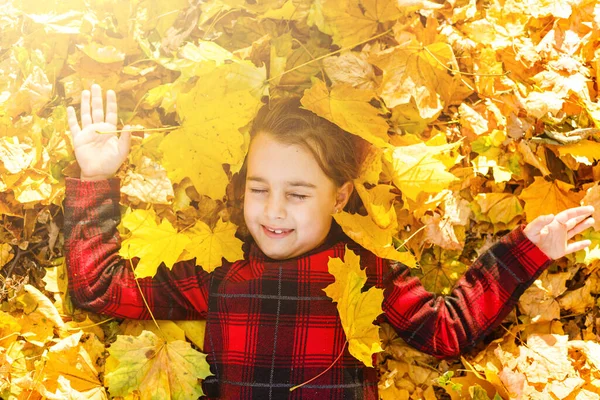 Küçük kız düşen sonbahar yapraklarıyla oynuyor..