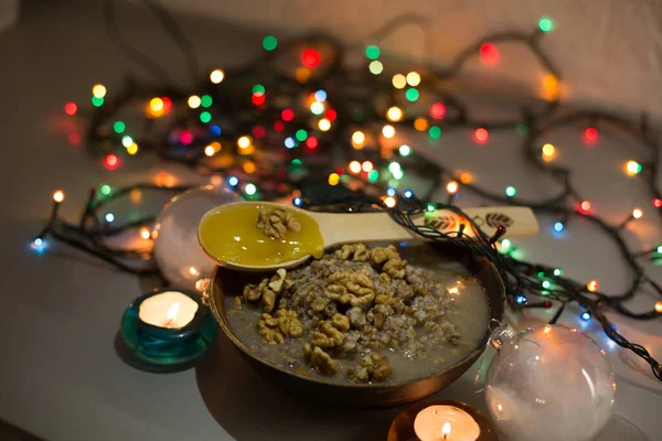Mísa Kutia Tradiční Vánoční Sladké Jídlo Ukrajině Bělorusku Polsku Dřevěném — Stock fotografie