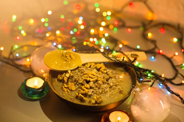 Bowl Kutia Hagyományos Karácsonyi Édes Étel Ukrajnában Fehéroroszországban Lengyelországban Asztalon — Stock Fotó