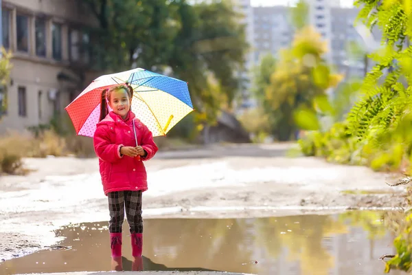 Adorable Niña Con Paraguas Colorido Aire Libre Día Lluvioso Otoño —  Fotos de Stock