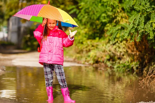 秋の雨の日に屋外でカラフルな傘を持つ愛らしい幼児の女の子 — ストック写真