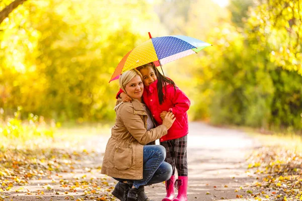 Young Mother Her Little Daughter Outdoors Colorful Raincoats — Stock Photo, Image