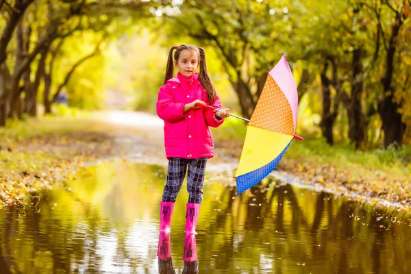 Urocza Dziewczynka Kolorowym Parasolem Świeżym Powietrzu Jesienny Deszczowy Dzień — Zdjęcie stockowe