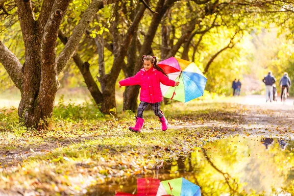 Adorable Toddler Girl Colorful Umbrella Outdoors Autumn Rainy Day — Stock Photo, Image