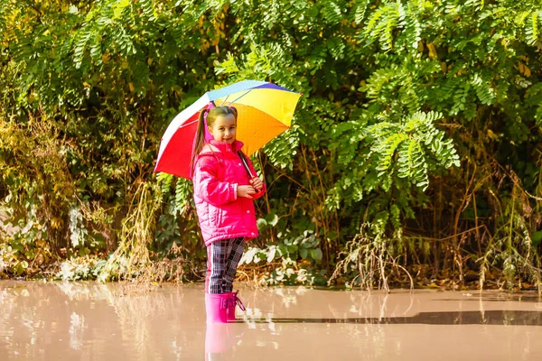 Menina Brincalhão Escondendo Atrás Guarda Chuva Colorido Livre — Fotografia de Stock