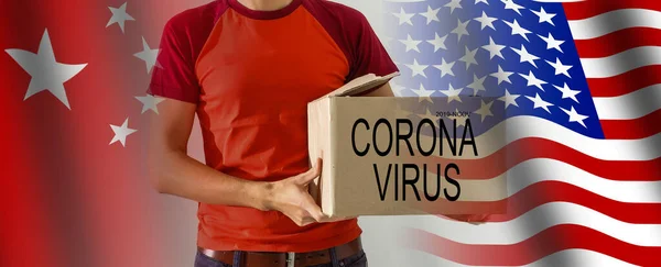 Leverans Man Med Låda Coronavirus Från Kina Novel Coronavirus 2019 — Stockfoto