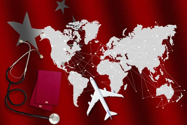chinese virus, airplane, passport, world map of china flag