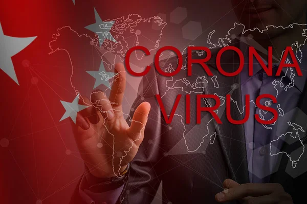 デジタルコロナウイルスを示すビジネスマンの手 — ストック写真