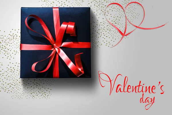 Black Gift Box Red Ribbon Background Holiday Concept Valentine Day — Stock Photo, Image