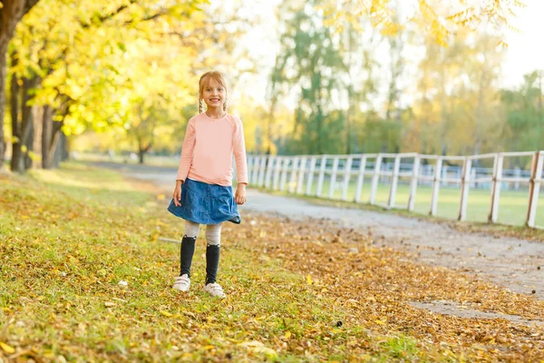 Возвращайся Школу Маленькая Девочка Осеннем Парке — стоковое фото