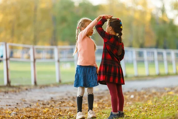 Маленькі Дівчата Вимірюють Висоту Один Одного Осінньому Парку — стокове фото