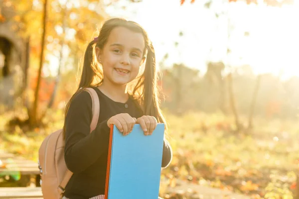 Herbstzeit Freizeit Herbststimmung Liebenswert Lächelnde Schulmädchen Herbst Laub Hintergrund Gute — Stockfoto