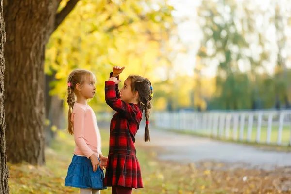 little girls measure height to each other in autumn park