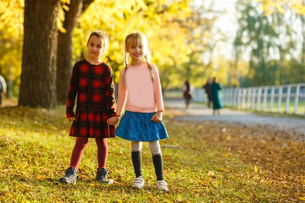 Twee Kleine Meisje Vrienden Schoolmeisje Het Park — Stockfoto