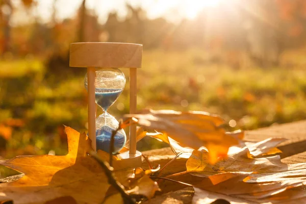 Φθινόπωρο Θέμα Ώρα Sandglass Πεσμένα Φύλλα Διάφορα Χρώματα Αντίγραφο Χώρο — Φωτογραφία Αρχείου