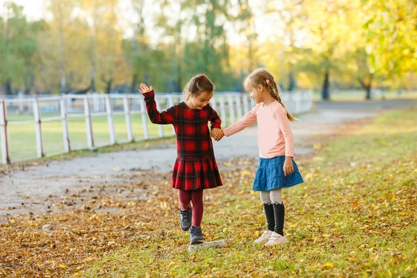 Twee Kleine Meisjes Het Herfstpark — Stockfoto