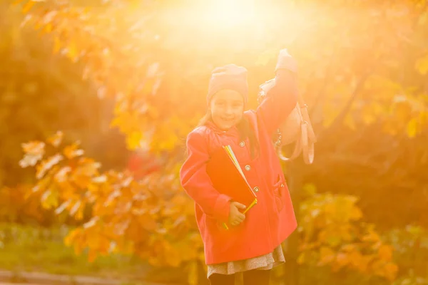 Entzückende Kleine Schülerin Die Einem Strahlenden Herbsttag Freien Lernt Junge — Stockfoto