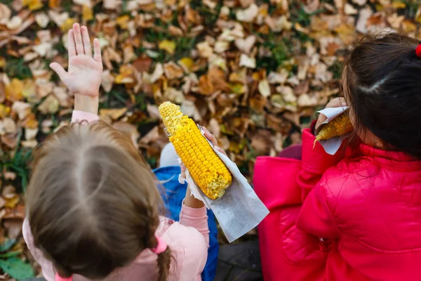 Маленькі Дівчата Їдять Брудну Кукурудзу Кобу — стокове фото