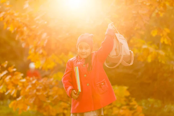 Pequena Menina Bonito Corre Longo Parque Outono Chuta Folhas Caídas — Fotografia de Stock