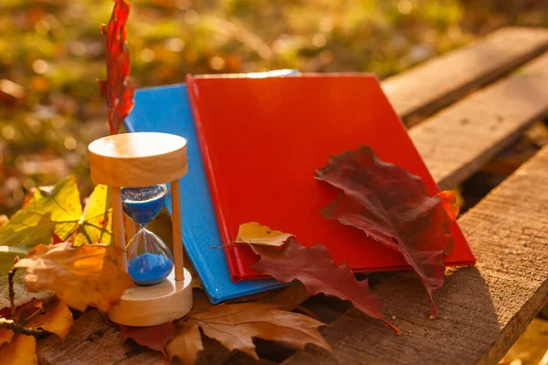 Autumn Time Theme Sandglass Fallen Leaves Various Colors Copy Space — Stock Photo, Image