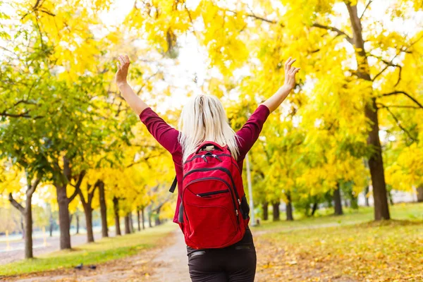 Mulher Turística Viajando Natureza Jovem Mulher Branca Com Mochila Sol — Fotografia de Stock