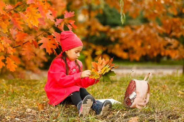 Маленька Мила Дівчинка Осінньому Парку Школярка Рюкзаком Концепція Осені Школи — стокове фото