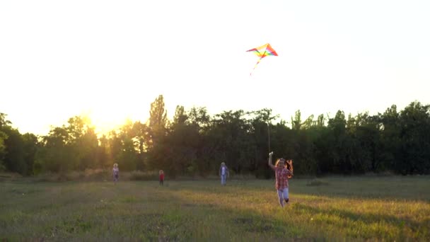 Vista Posteriore Bambini Che Corrono Verso Cima Una Collina Con — Video Stock