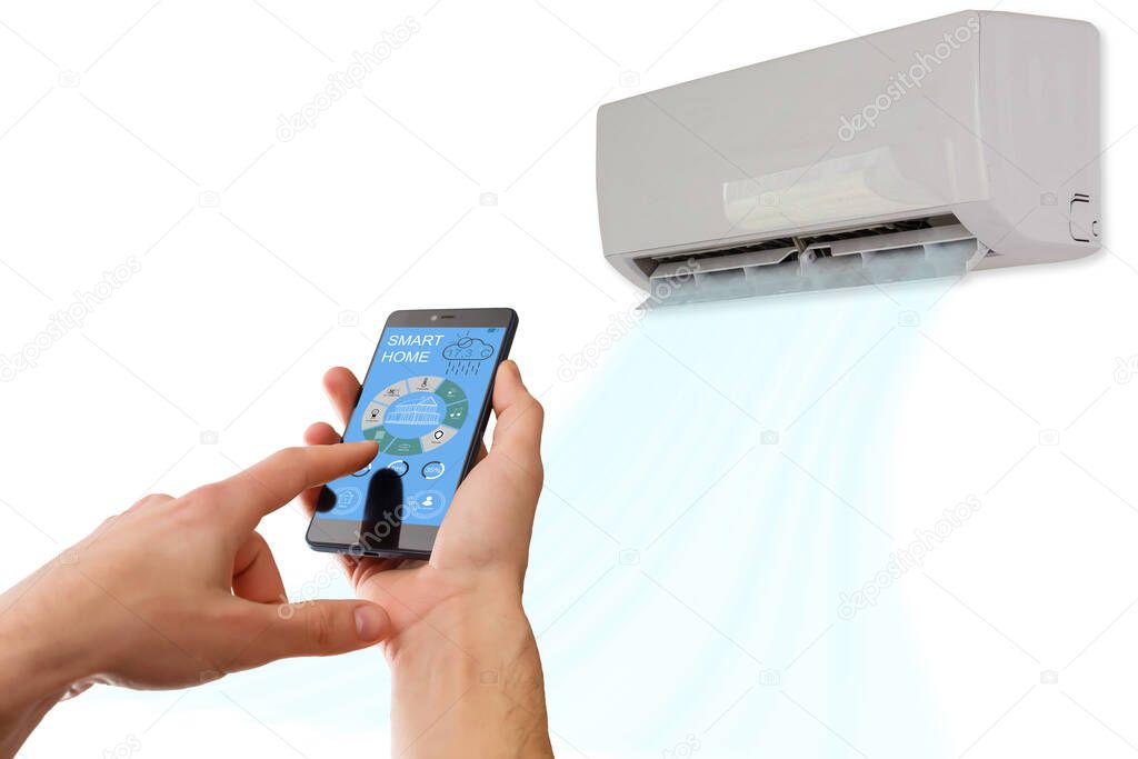 Air conditioner remote control with smart home system on digital device.