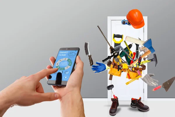 Smart House Hausautomation Gerät Mit App Symbolen Mann Nutzt Smartphone — Stockfoto