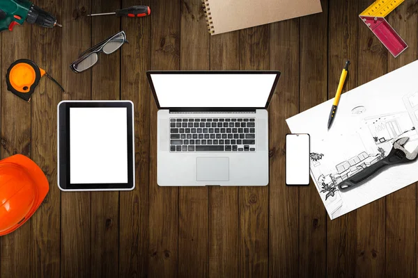 Werkplaats Ontwerper, laptop, tablet en project met een potlood — Stockfoto