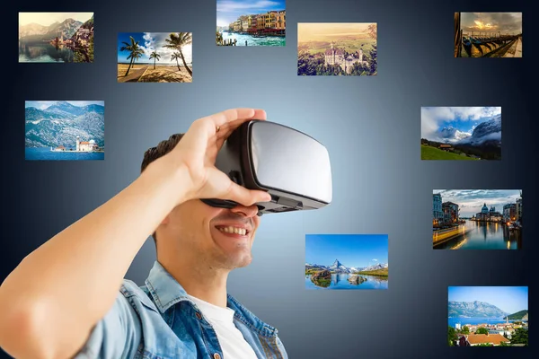 Man travels wearing futuristic virtual reality glasses