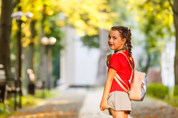 Kleines Mädchen Das Morgens Bei Warmem Sonnenschein Mit Rucksack Die — Stockfoto