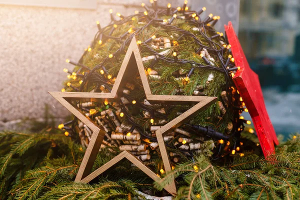 Décoration Noël Étoile Noël Sur Fond Rustique Bois Foncé — Photo