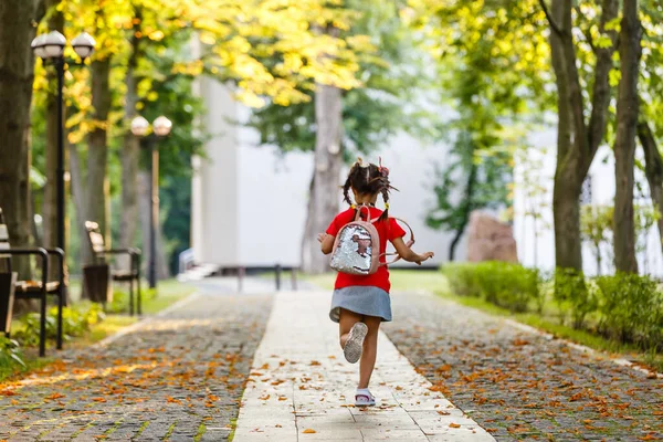 Scolaretta Andando Scuola Solo — Foto Stock