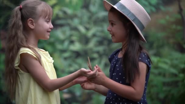 Cerrar Chica Joven Sonriendo Mirando Mariposa Monarca Dedo — Vídeo de stock