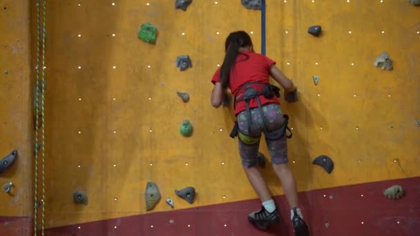 Una Niña Trepa Por Pared Gimnasio Cantos Rodados — Vídeo de stock