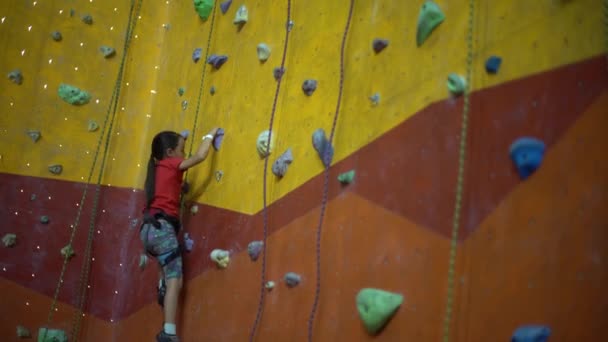 Ένα Κοριτσάκι Σκαρφαλώνει Στον Τοίχο Ένα Γυμναστήριο Πέτρες — Αρχείο Βίντεο