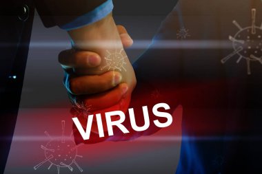 Corona virüsü ya da el sıkışma ya da el sıkışma konseptiyle yayılan bakteriler. Tokalaşmaya hayır de. İş adamı tokalaşması ve virüs yayıldı.