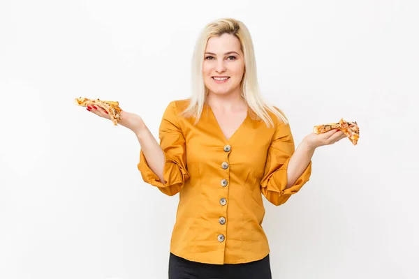 Mujer Joven Feliz Comiendo Rebanada Pizza Caliente Aislado Blanco —  Fotos de Stock