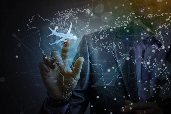 Plano Toque Homem Negócios Conectar Para Planejar Mapa Mundo — Fotografia de Stock