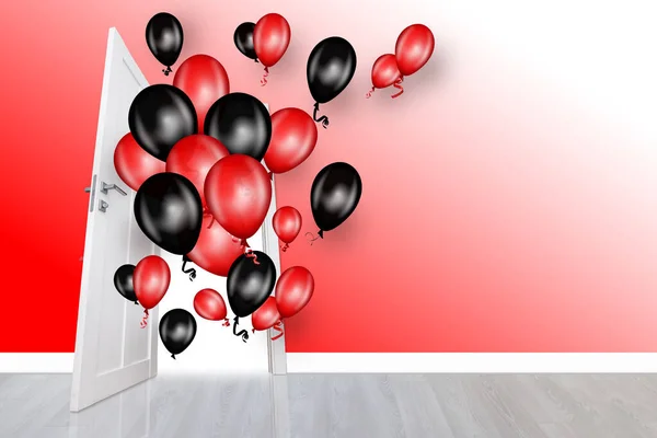 Ballonger Hängande Dörren Rött Rum Med Öppen Dörr — Stockfoto