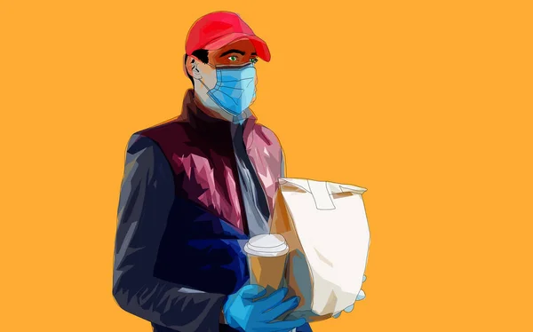 安全な食料を届ける 若い宅配便は コロナウイルスのパンデミックの間にマスクと手袋で顧客の家に食料品の注文を提供します 黄色の背景に隔離された漫画イラスト — ストック写真